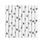 10 Cannucce Bianche con Stelle Argento in Carta